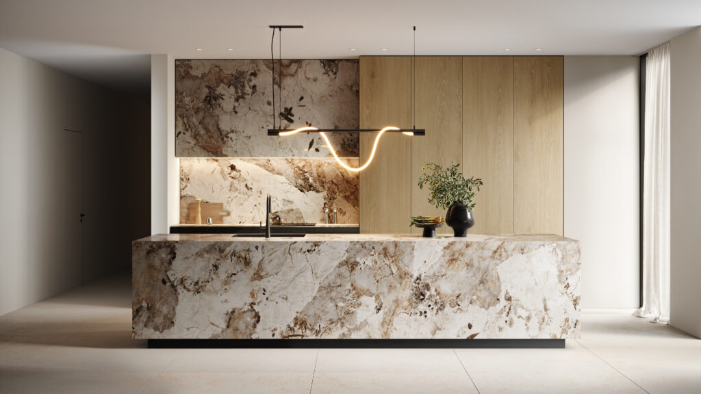 Płytki do kuchni otwartej na salon z kolekcji Patagonia Naturale od Tubądzin