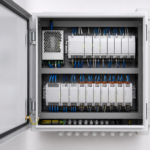ilustracja rozdzielnicy elektrycznej z modułami automatyki domowej zamontowanymi na szynie DIN, elementy: moduły sterujące, magistrala, zasilacz.