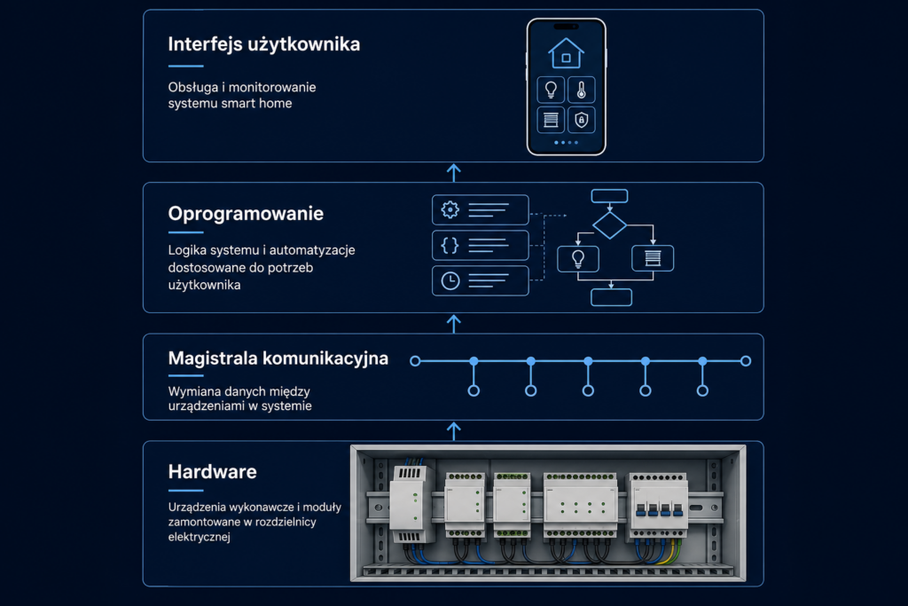 schemat blokowy pokazujący podział systemu smart home na warstwy: hardware (moduły w rozdzielnicy), magistrala komunikacyjna, oprogramowanie (logika i automatyzacje), interfejs użytkownika (aplikacja mobilna)